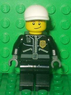 LEGO Minifigure-Police - City Leather Jacket with Gold Badge and 'POLICE' on Back, White Short Bill Cap, Lopsided Smile-Town / City / Police-CTY231-Creative Brick Builders